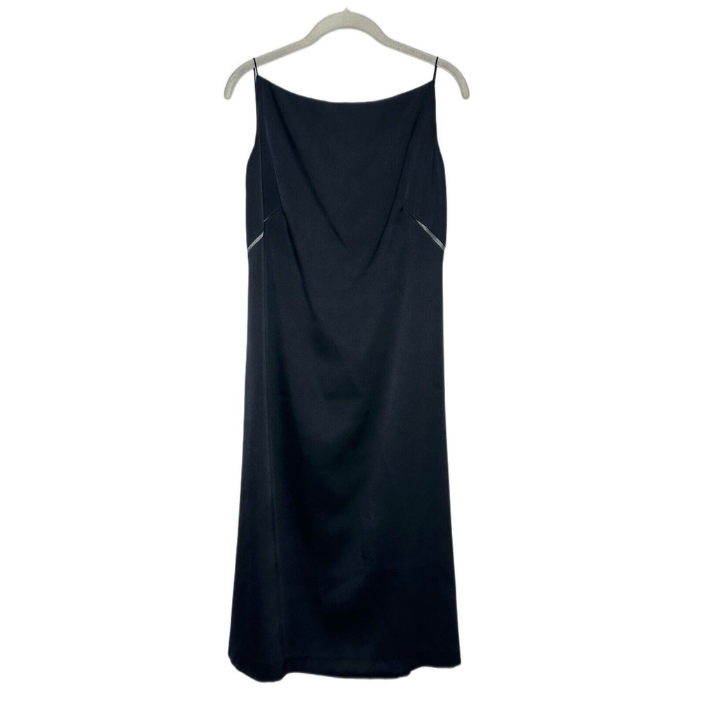 Tahari Y2K Vintage Navy Blue 100% Silk Slip Square Neck Knee Length Dress Sz 12P